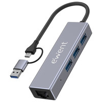 EWENT HUB 3 PUERTOS USB-A 3.1 + 1 PUERTO GIGABIT, COMPATIBLE USB-C